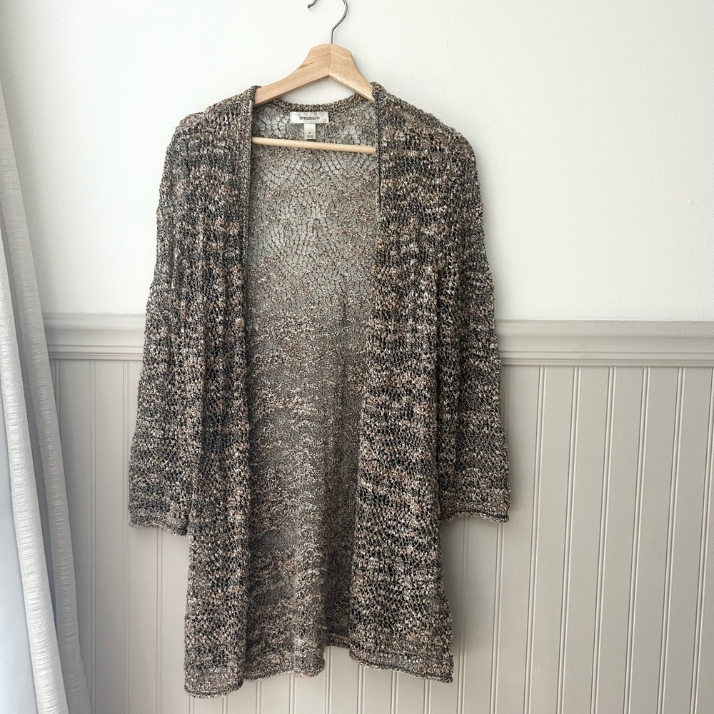 dressbarn Medium Tan Black Open Knit Front Longline Cardigan